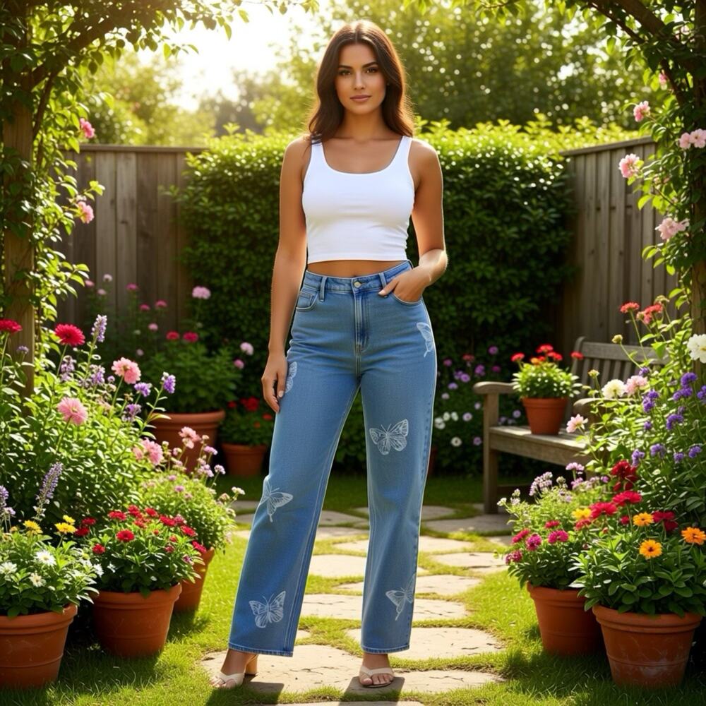 Hollister Women 9R Ultra High-Rise Dad Jeans Y2K W29 L31 Blue Butterfly Painted